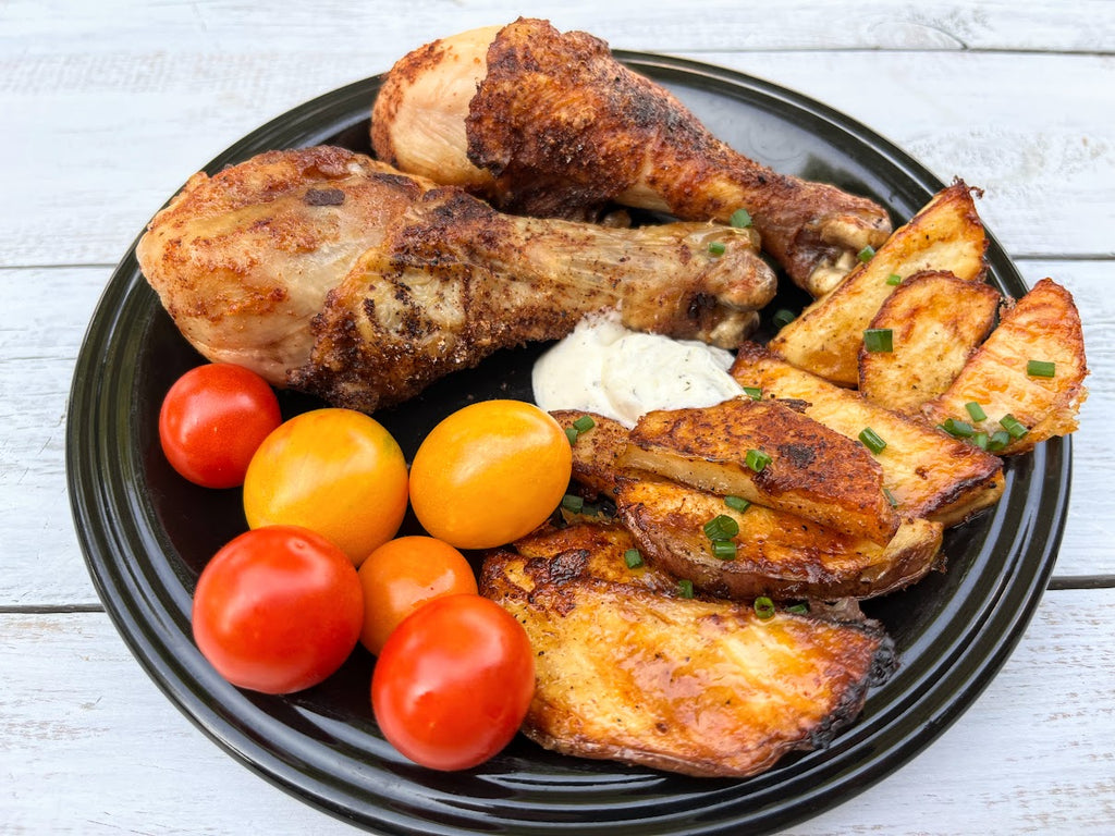 One Pan Dinner: Crispy Chicken Drumsticks with Potato Wedges, Cherry Tomatoes, and Ranch