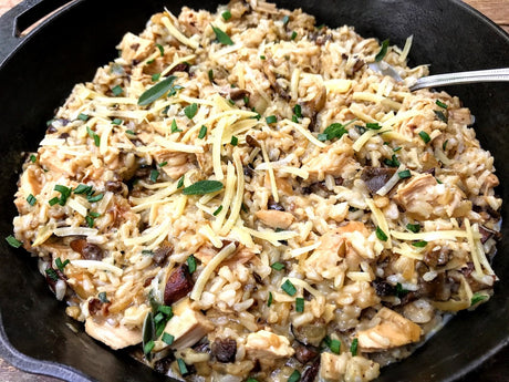 Creamy Mushroom Sage Chicken and Rice Skillet