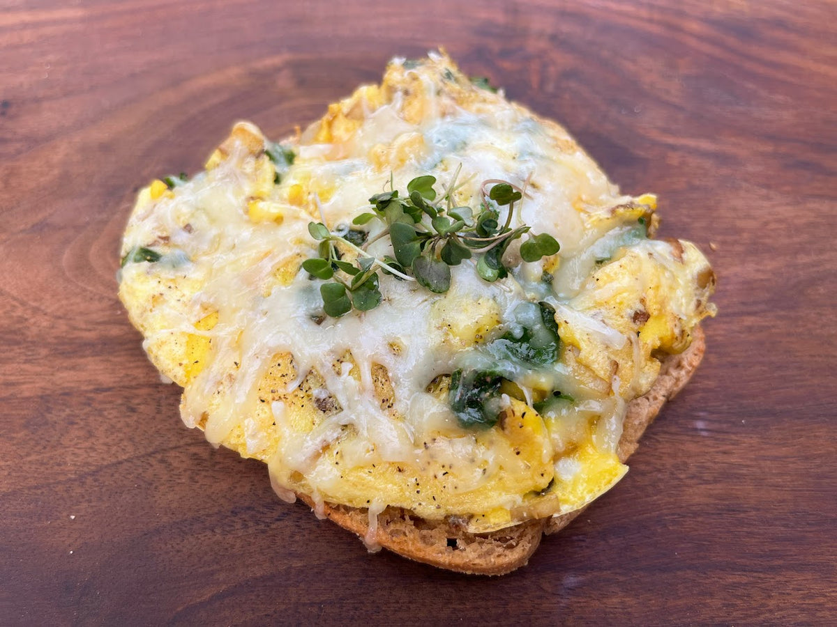 Cheesy Eggs on Toast with Mushrooms and Leafy Greens Glory Garden