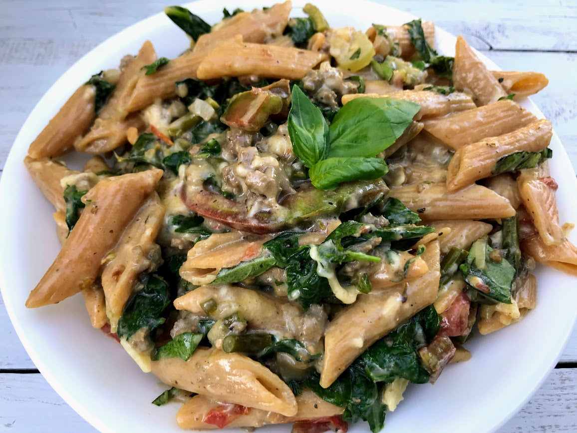 Cheesy Kale and Sausage Pasta Glory Garden