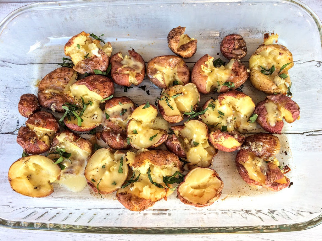 Smashed Baby Potatoes with Bacon and Smoked Gouda