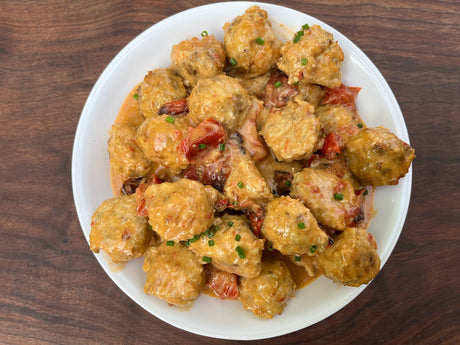 Creamy Italian Chicken and Pork Meatballs with Roasted Tomatoes