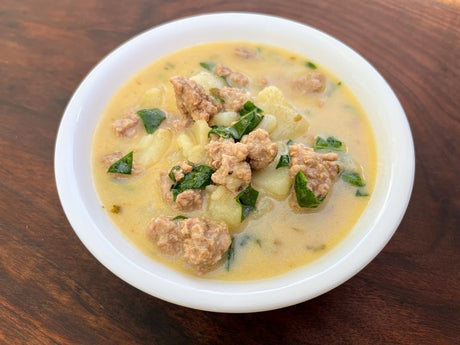Creamy Potato Spinach Sausage Soup (with beef, turkey or pork!)
