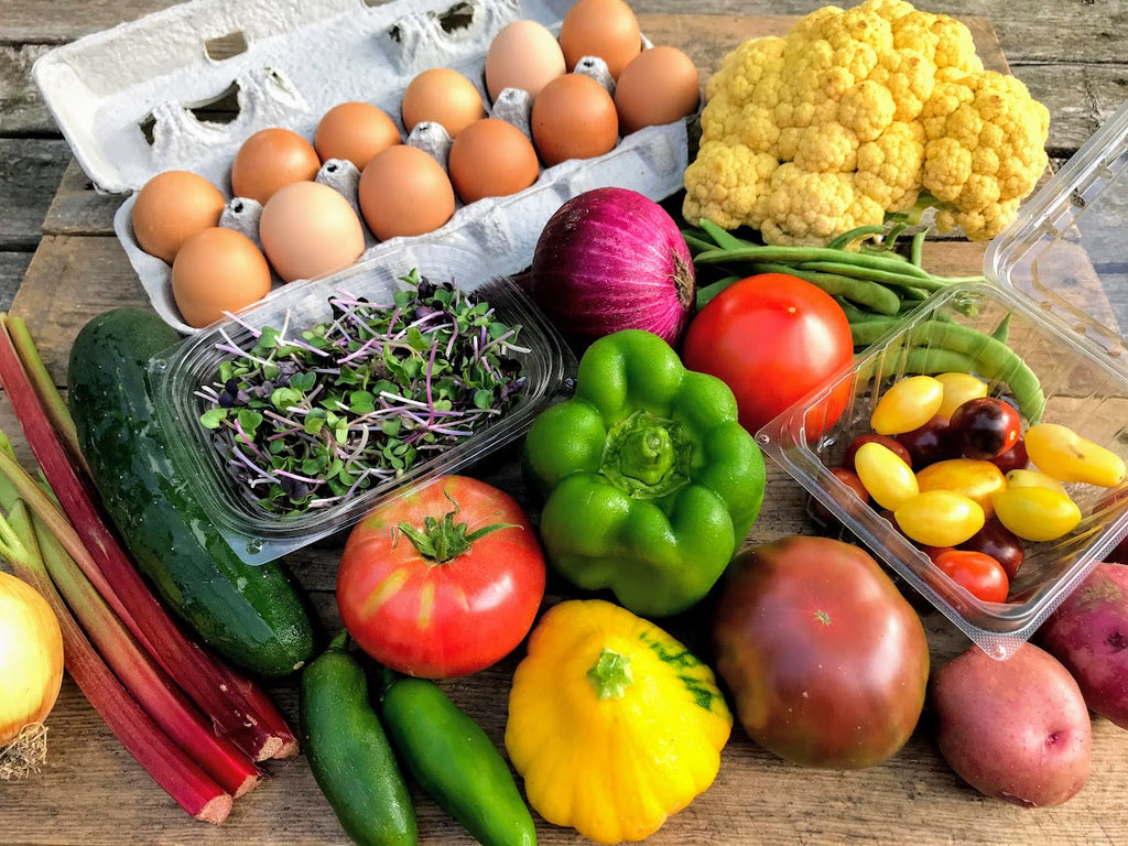 Produce and eggs from weekly farmers market in South Dakota